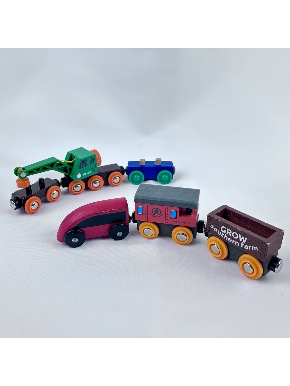 Lot of 6 Brio-Style Magnetic Trains Wooden Railway Engines and Cars